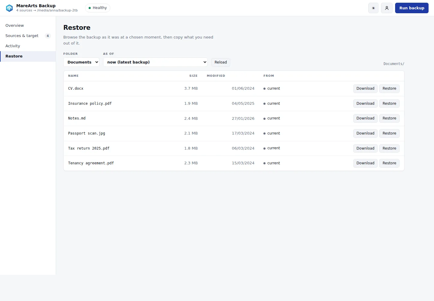 Browsing the backup as it stood at a chosen date and restoring a folder from it