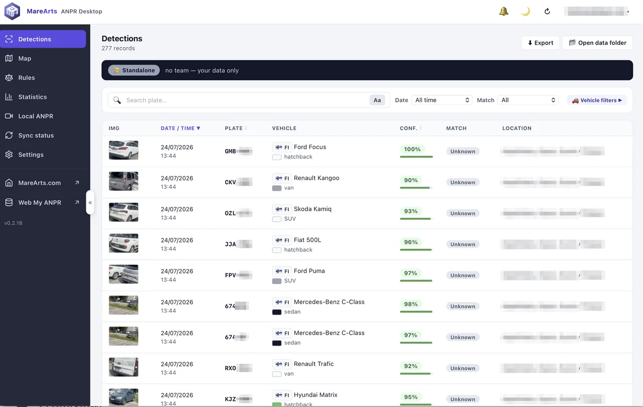 A list of detections with a thumbnail, plate, vehicle make and model, and confidence for each