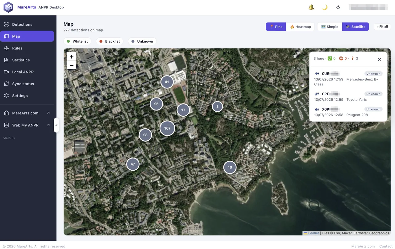 Detections plotted on a satellite map as clustered pins, with a panel listing the ones at a point