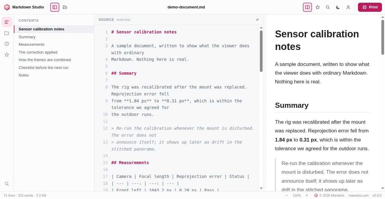 Markdown source and rendered preview side by side